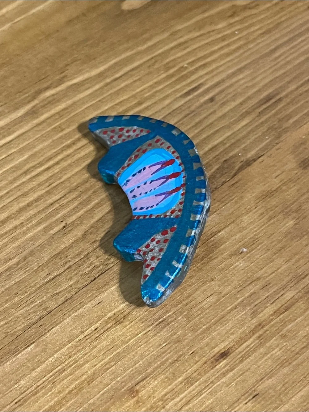 Handcrafted crescent moon brooch whimsical enamel painted with shimmer 2”